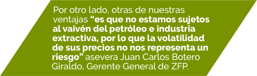 Por otro lado, otras de nuestras ventajas “es que no estamos sujetos al vaivén del petróleo e industria extractiva, por lo que la volatilidad de sus precios no nos representa un riesgo” asevera Juan Carlos Botero Giraldo, Gerente General de ZFP.